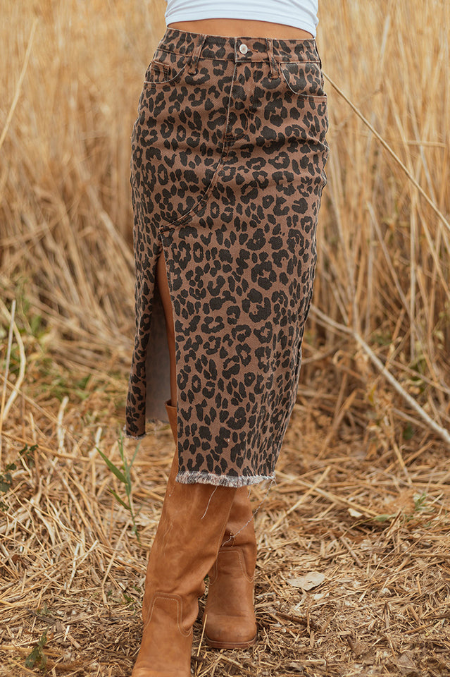 Leopard Denim Frayed Split Denim Midi Skirt