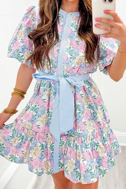 Floral Print Puff Sleeve Belted Mini Dress