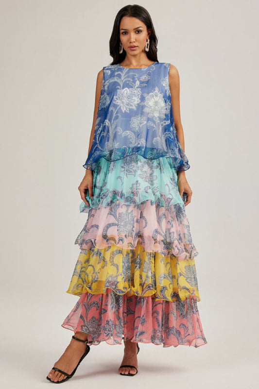 Cynthia Printed Tiered Ruffle Maxi Dress