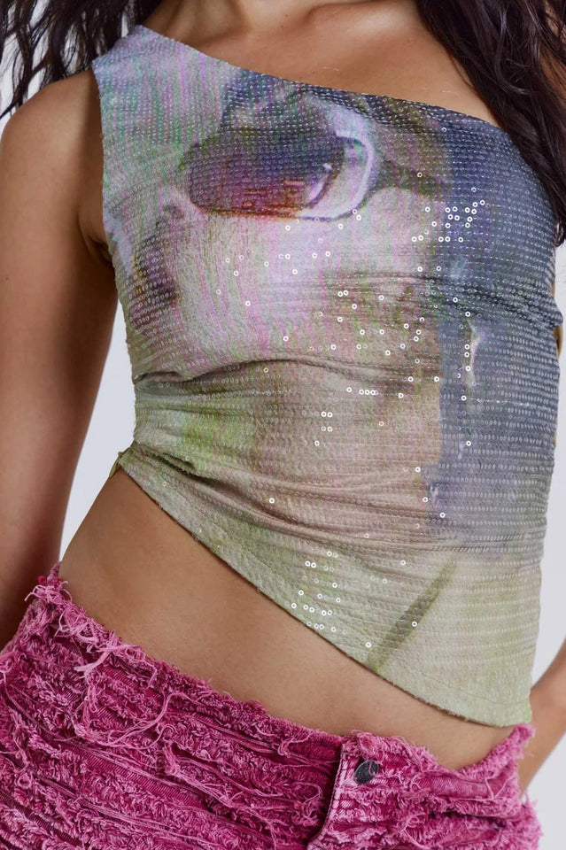 Printed Sequin Asymmetric Top