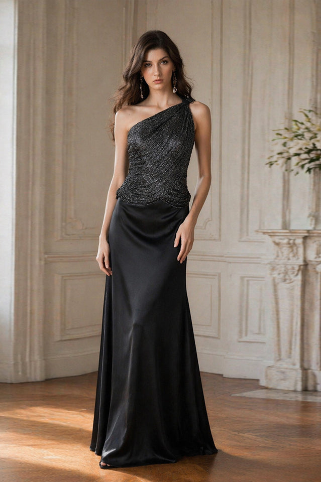Black One-Shoulder Embellished Satin Evening Gown