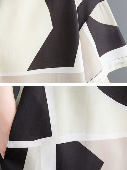 Loose Oversize Color-Block Printed Lapel Midi Dresses Shirt Dress