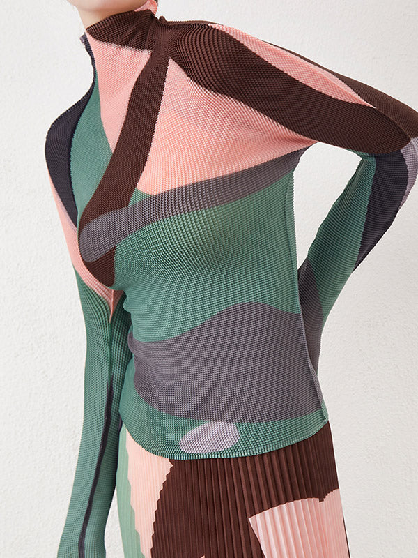 T-Shirts mit langen Ärmeln und kontrastfarbenem, plissiertem Stehkragen 