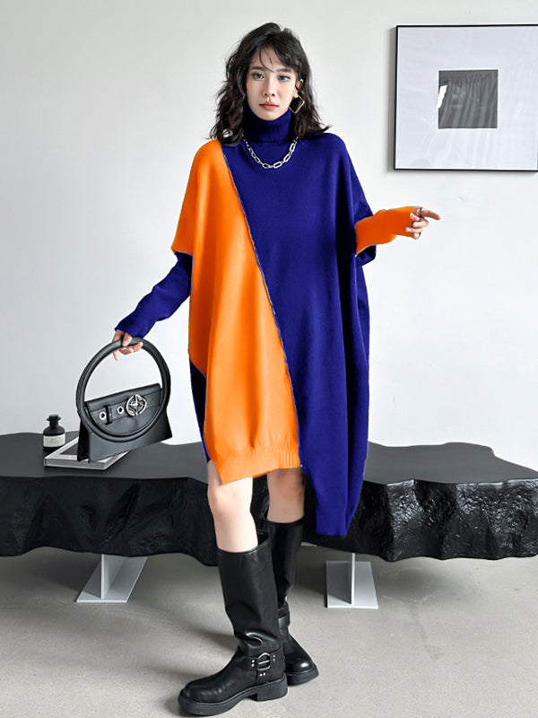 Batwing Sleeves Hipster Asymmetric Contrast Color Split-Joint High-Neck Midi Dresses Sweater Dresses