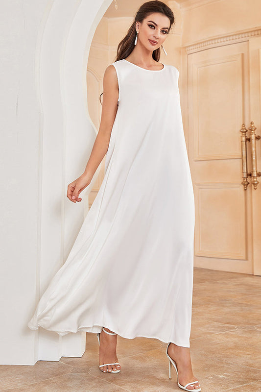 Solid Color Satin Material Simple Dress White S