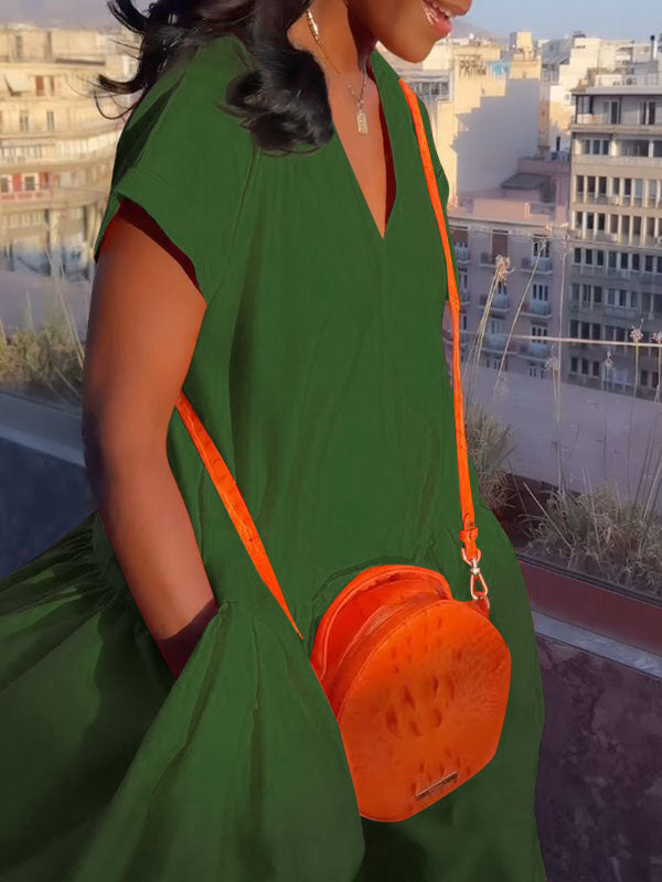 Robe longue ample à manches courtes et poches plissées, couleur unie, col en V fendu 