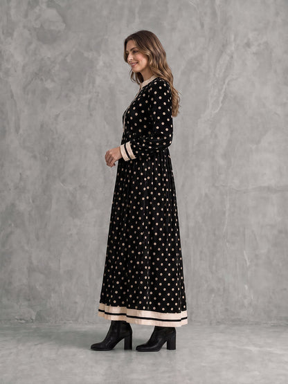 Zipper Split-Joint Polka-Dot Pockets Contrast Color Buttoned Loose Long Sleeves Round-neck Maxi Dresses