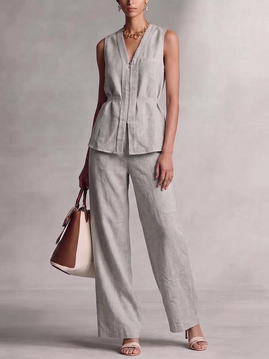 Sleeveless Pleated Solid Color Zipper V-Neck Blouses&Shirts Tops