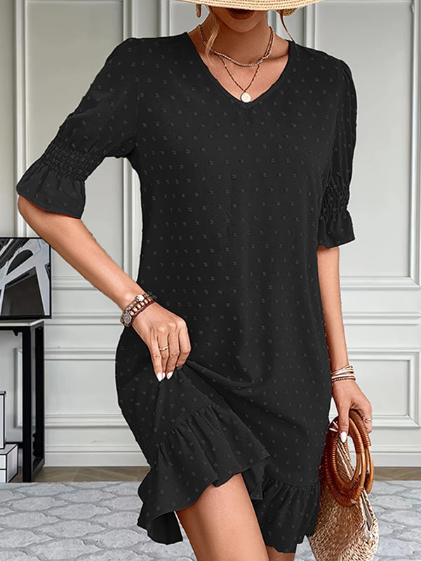 A-Line Flared Sleeves Elasticity Jacquard Pleated Solid Color Split-Joint V-Neck Mini Dresses