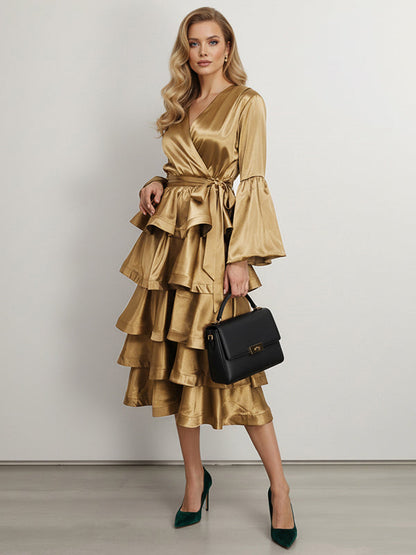 Flared Sleeves Belted Ruffled Shiny Tiered V-Neck Midi Dresses