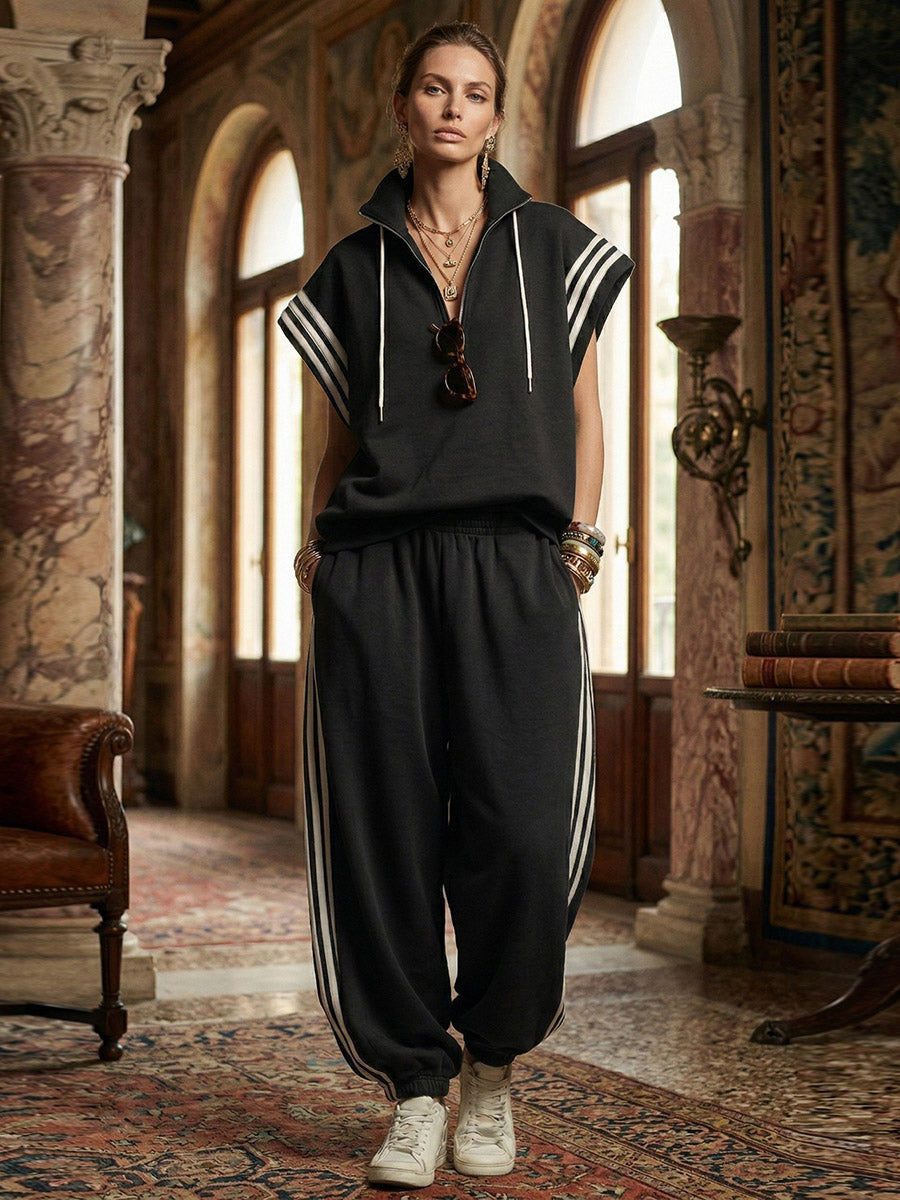 Ankle-Tied Loose Contrast Color Pleated Pockets Split-Joint Striped Pants Trousers