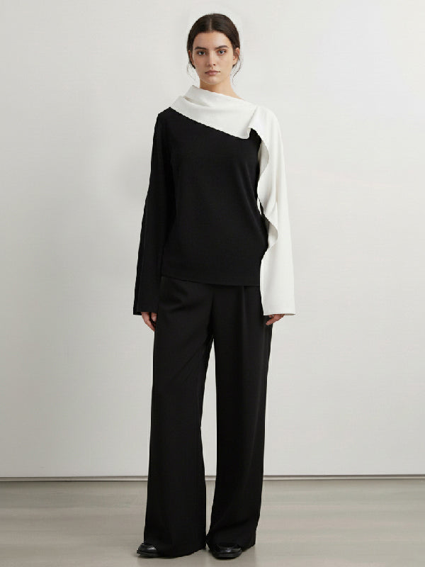 Long Sleeves Loose Asymmetric Contrast Color Asymmetric Collar Blouses&Shirts Tops