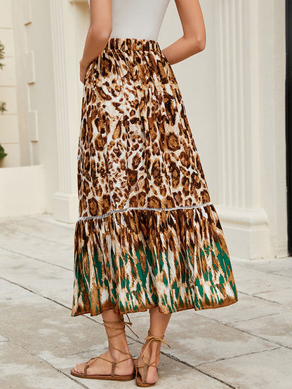 A-Line Loose Drawstring Leopard Split-Joint Skirts Bottoms