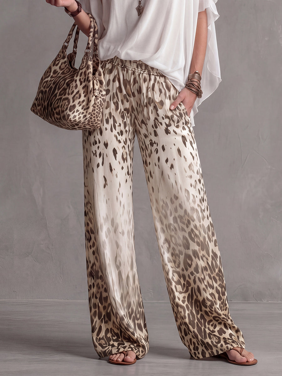 Pockets Leopard Gradient Elasticity Wide Leg Loose Wide Leg Pants Trousers