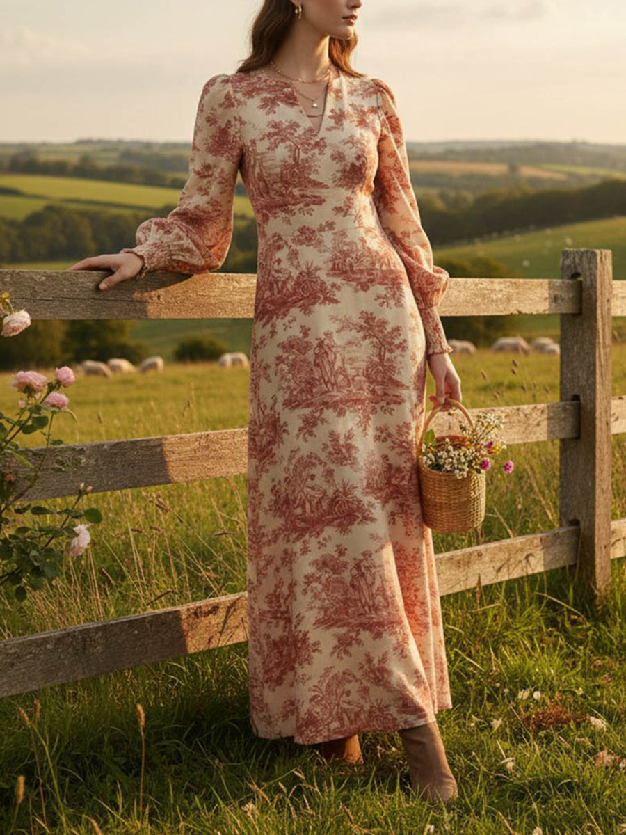 Elasticated Waist High Waisted Contrast Color Pleated Printed Split-Joint V-Neck Maxi Dresses