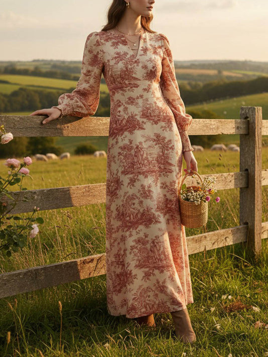 Elasticated Waist High Waisted Contrast Color Pleated Printed Split-Joint V-Neck Maxi Dresses