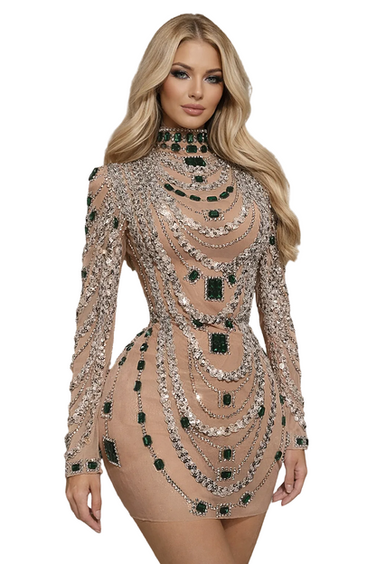 CELESTINE Emerald Crystal Chain Embellished Mini Dress