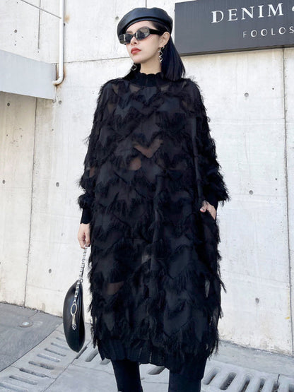 Irregularity Long Sleeves Asymmetric Mesh Pockets See-Through Solid Color Split-Joint Tasseled Stand Collar Midi Dresses