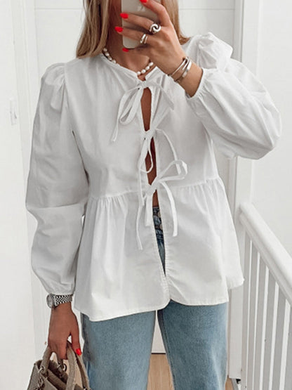 Long Sleeves Loose Elasticity Solid Color Split-Joint Tied Round-Neck Blouses&Shirts Tops