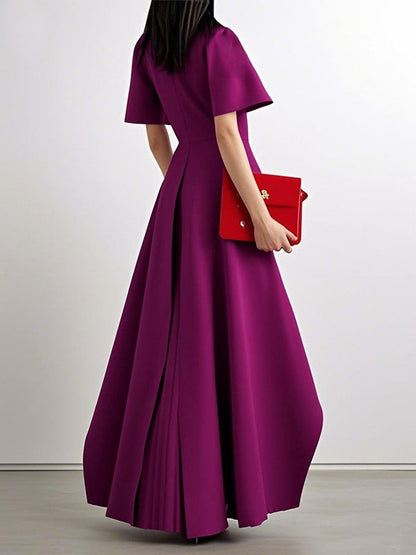 Robe longue trapèze taille haute plissée couleur unie à col rond et fente 