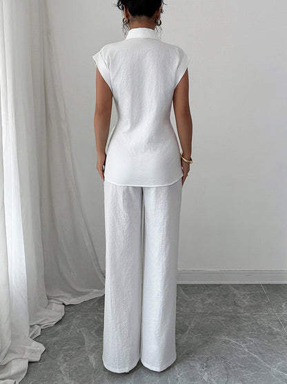 Short Sleeves Buttoned Solid Color Tied Lapel T-Shirt Top + Pockets Pants Bottom Two Pieces Set