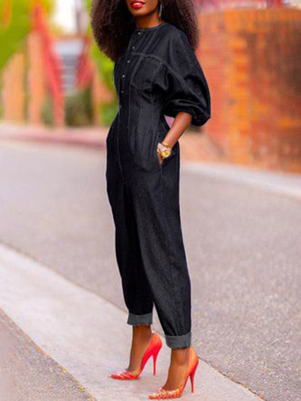 Puff Sleeves Split-Joint Round-Neck Jumpsuits