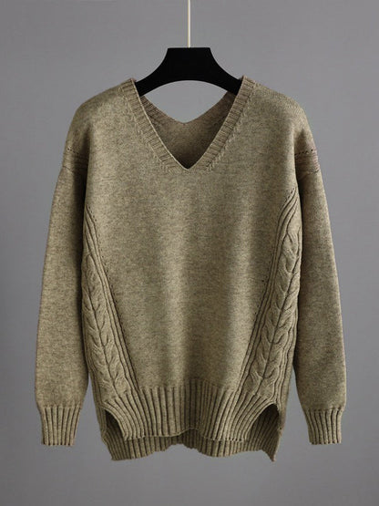 Stylish Loose Long Sleeves Solid Color V-Neck Sweater Tops& Wide Leg Pants Two Pieces Set