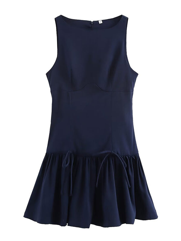 Mini-robe trapèze ample plissée de couleur unie avec fermeture éclair et col rond 