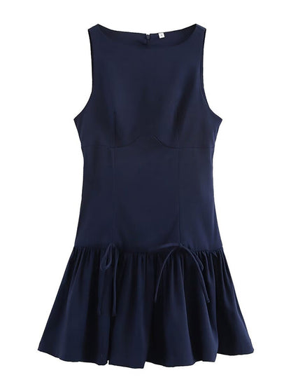 Mini-robe trapèze ample plissée de couleur unie avec fermeture éclair et col rond 