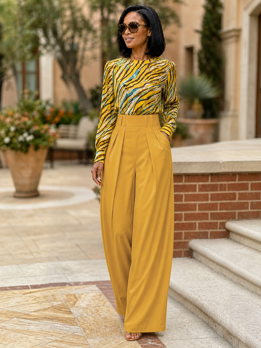 Wave Print Tiger Printed Contrast Color Long Sleeves Round-neck Blouses&shirts Tops