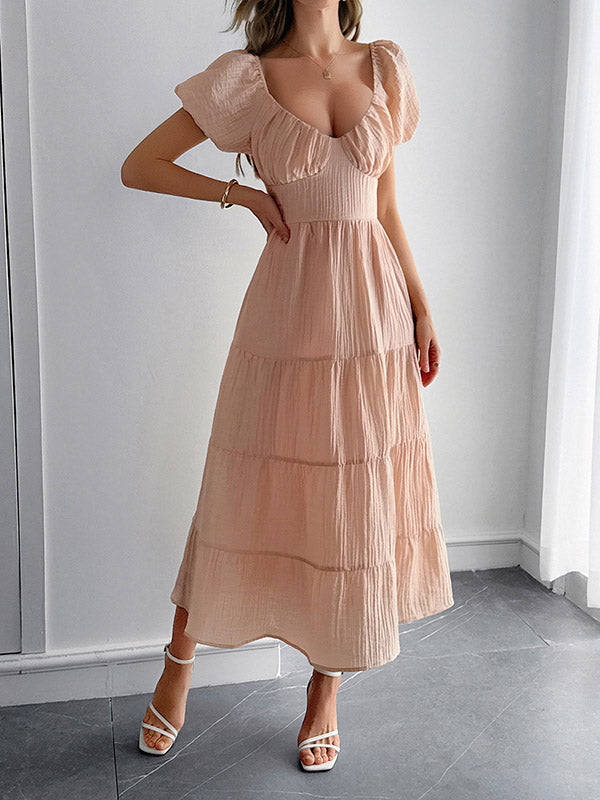 A-Line Loose Backless Pleated Solid Color Tied V-Neck Midi Dresses