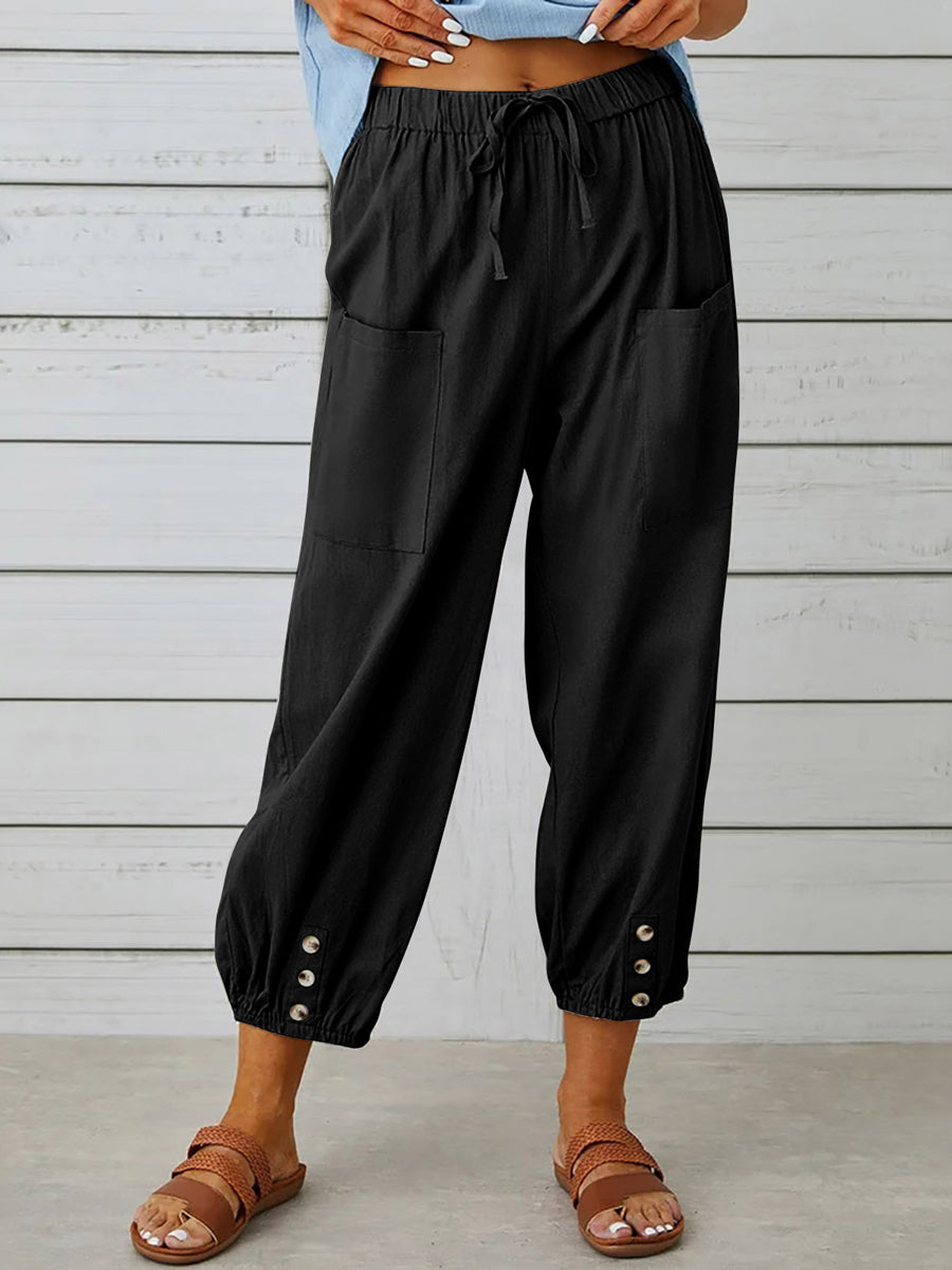 Solid Color Pockets Elasticity Drawstring Buttoned Plus Size High Waisted Trousers Ninth Pants