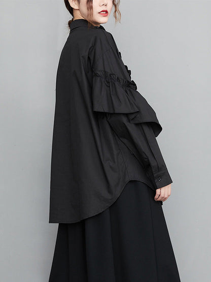 Casual Loose Long Sleeves Buttoned Ruffled Solid Color Lapel Collar Blouses&Shirts Tops
