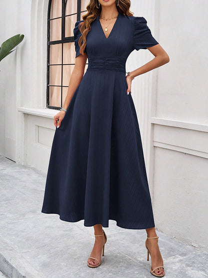 A-Line High Waisted Pleated Solid Color Zipper V-Neck Maxi Dresses