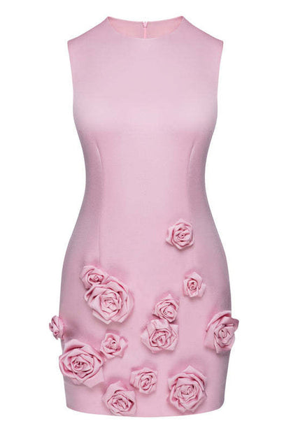 Rose Appliqué Round Neck Cady Dress Pink