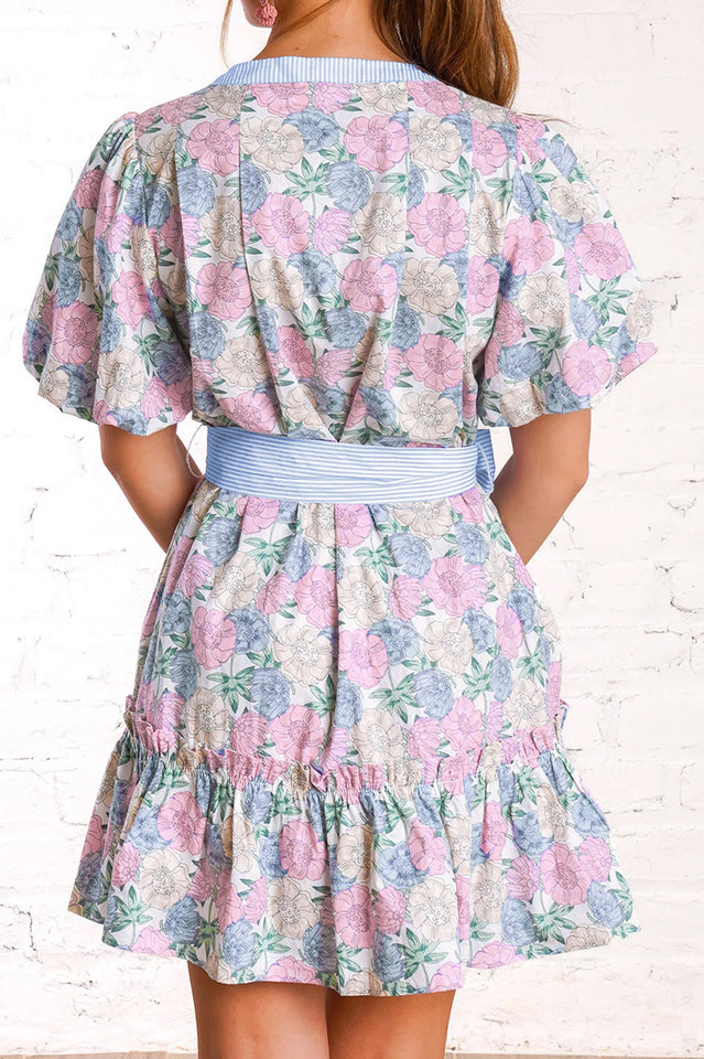 Floral Print Puff Sleeve Belted Mini Dress