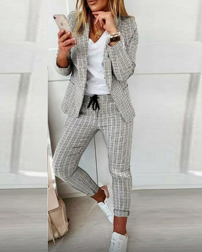 Blair | Women's Plaid Blazer Set Long Sleeve Jacket Slim Pants Suit