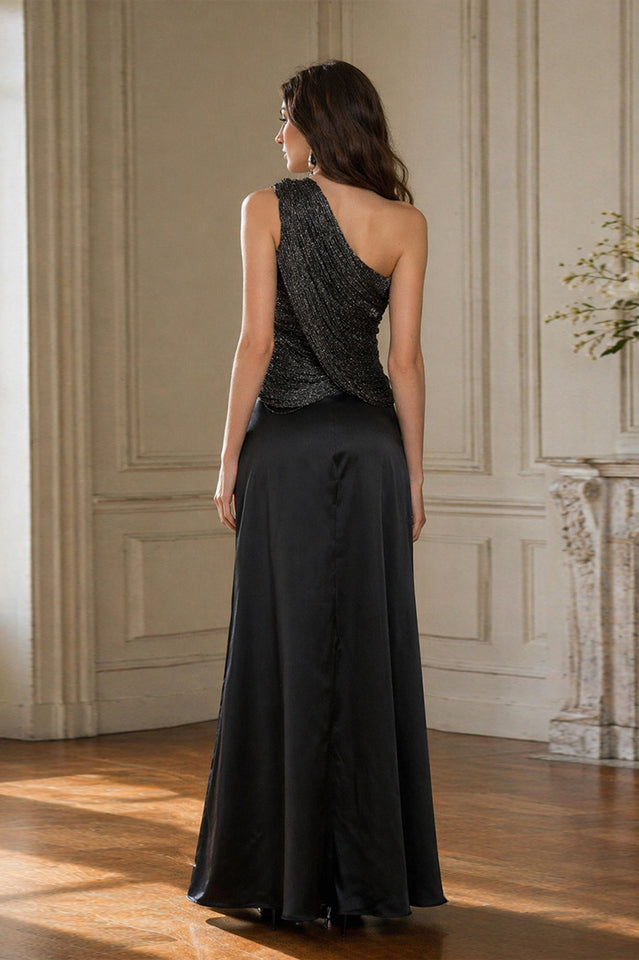 Black One-Shoulder Embellished Satin Evening Gown