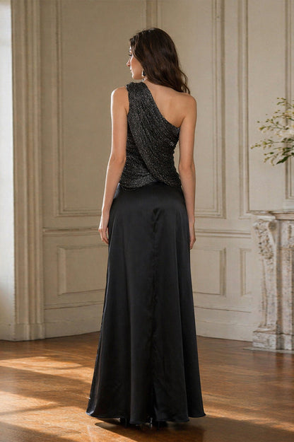 Black One-Shoulder Embellished Satin Evening Gown
