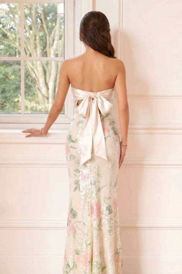 Angelina Satin Tie-Back Floral Sequin Dress