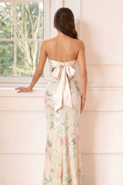 Angelina Satin Tie-Back Floral Sequin Dress