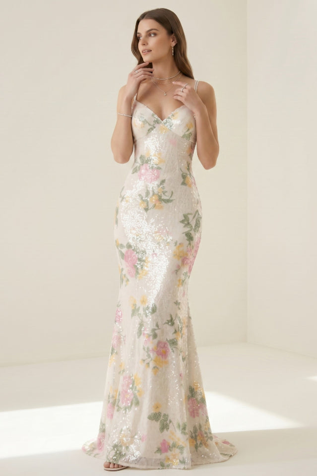 Elora Floral Sequin Lace-Up Mermaid Dress