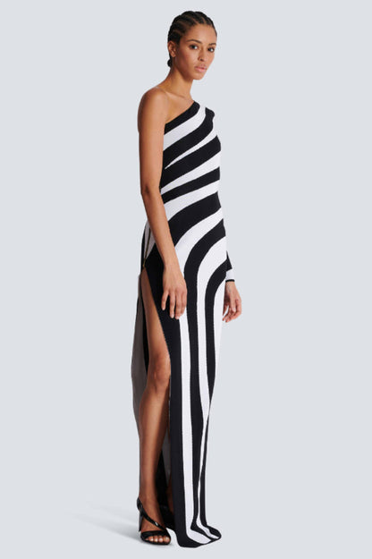 Long Asymmetrical Striped Knit Dress