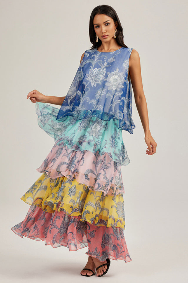 Cynthia Printed Tiered Ruffle Maxi Dress