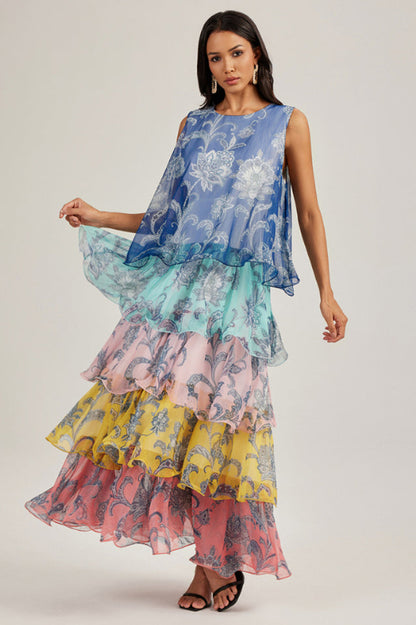 Cynthia Printed Tiered Ruffle Maxi Dress