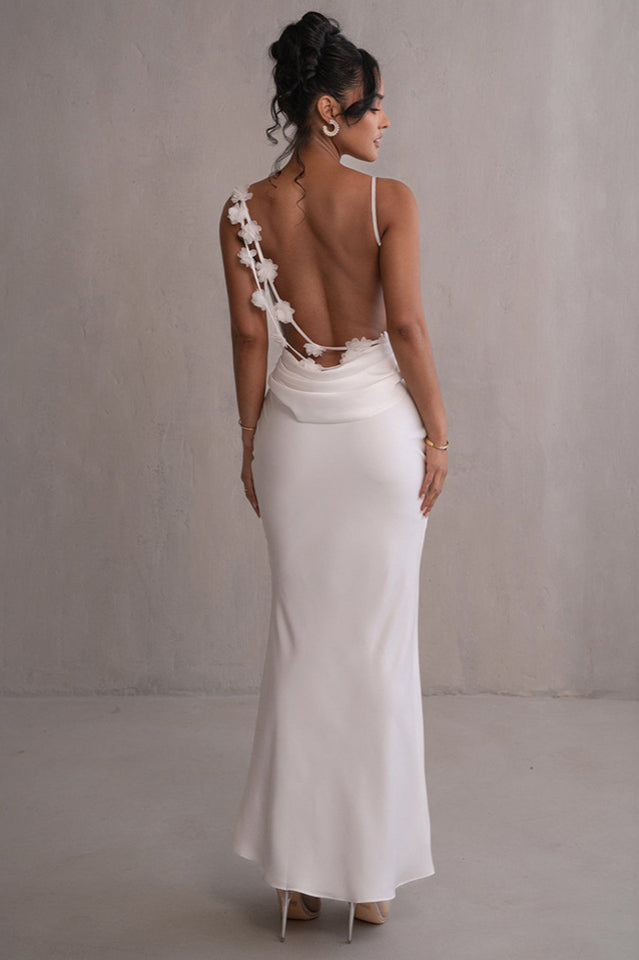 Ivory Floral Trims Satin Gown S White