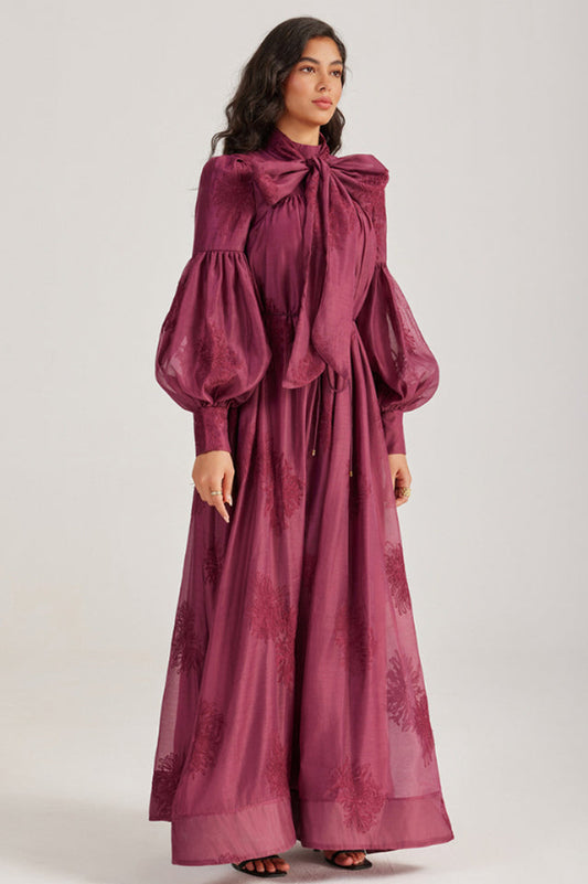 Embroidered Lace-Up Maxi Dress