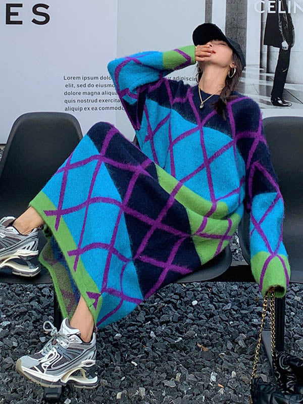 Long Sleeves Loose Contrast Color Plaid Split-Joint Round-Neck Midi Dresses Sweater Dresses