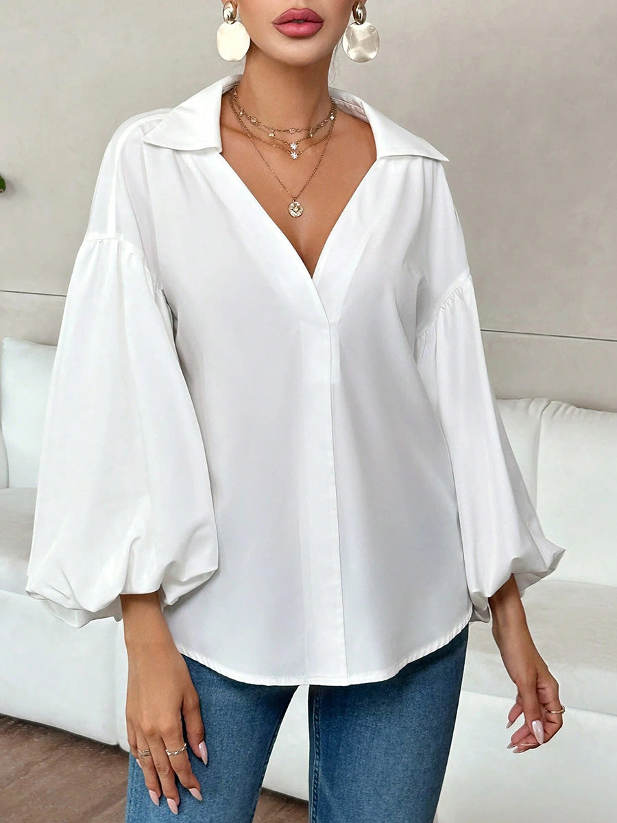 Long Sleeves Loose Pleated Solid Color Split-Joint Lapel Blouses&Shirts Tops