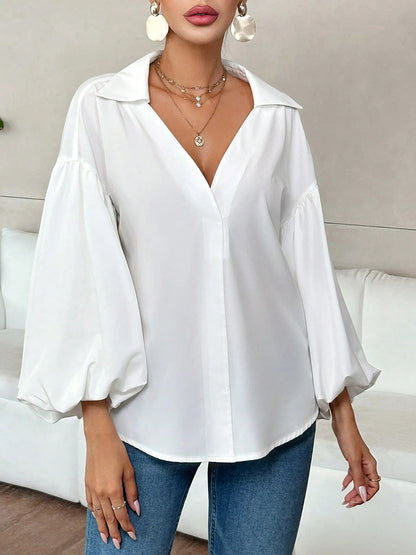 Long Sleeves Loose Pleated Solid Color Split-Joint Lapel Blouses&Shirts Tops
